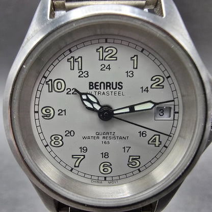 Benrus Watch Women 27mm Gray Dial Steel Date Round Military New Battery1