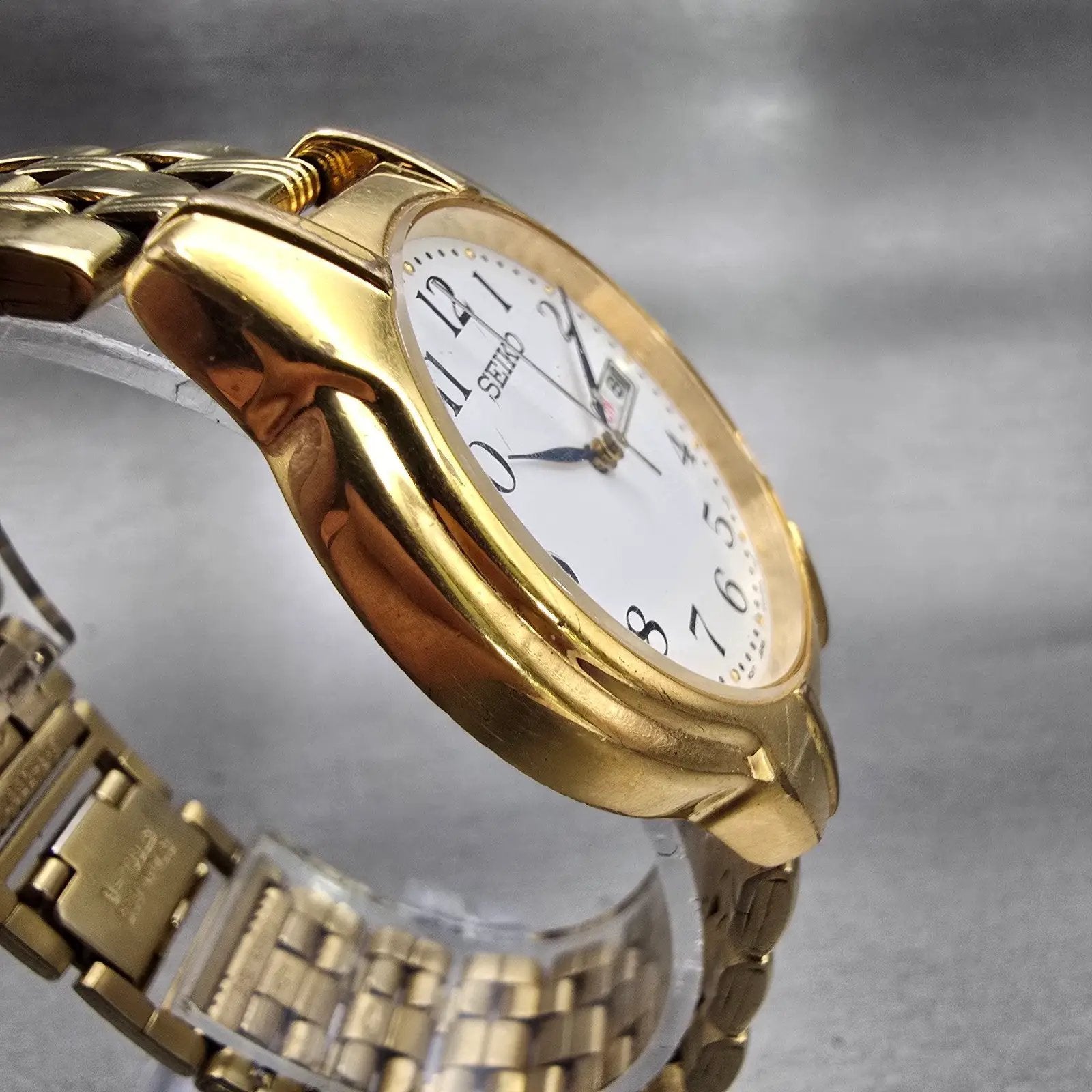 Seiko Watch Men 34mm White Dial Gold Tone Daydate Round V733-6C80 New Battery3