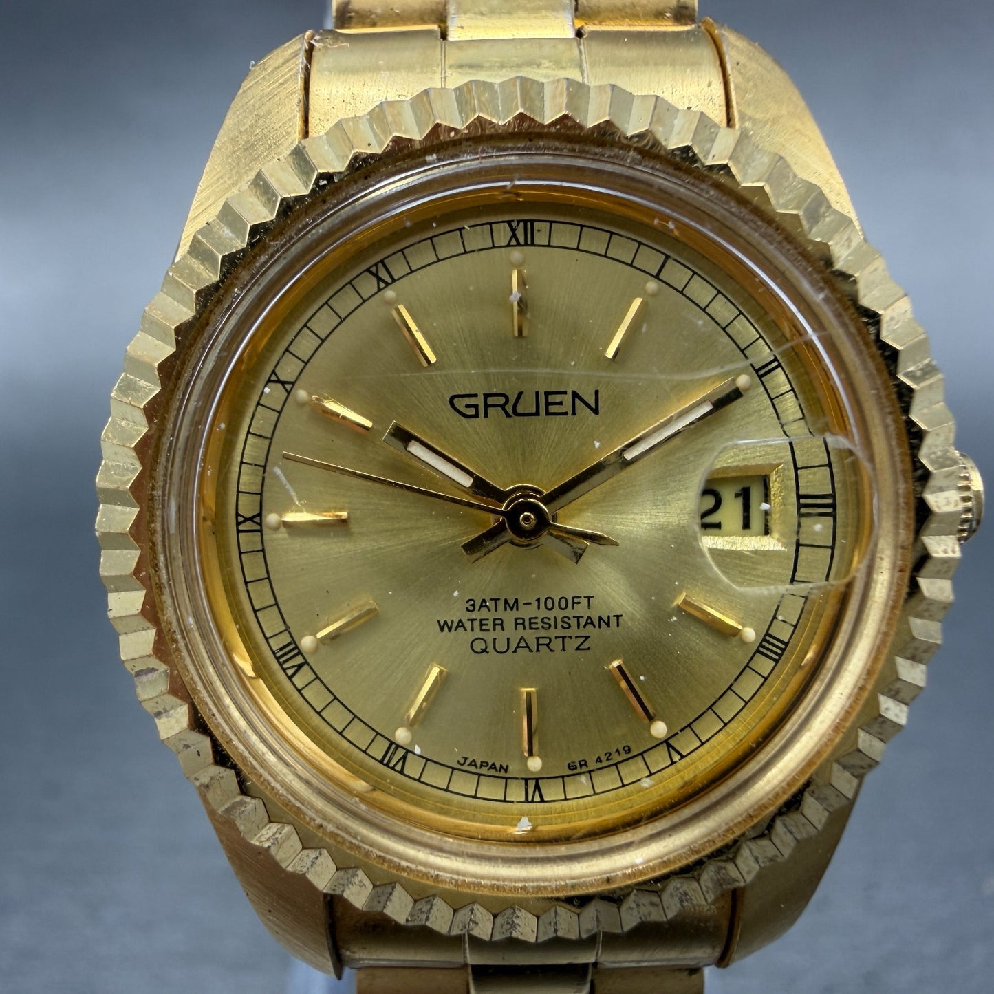 Gruen President Watch Women 26mm Gold Dial Gold Tone Date Round New Battery1