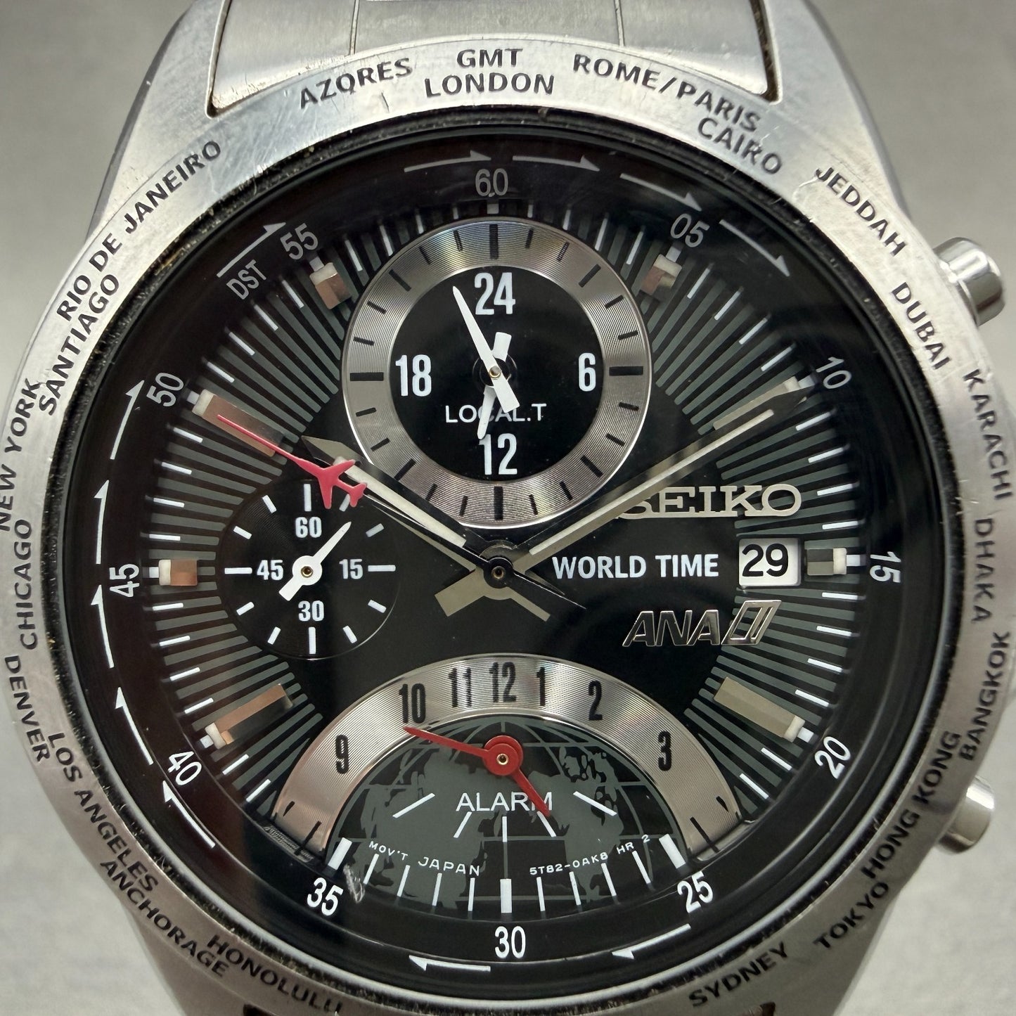 Seiko World Time ANA Watch Men 38mm Black Dial Silver Tone Date Alarm NewBattery1