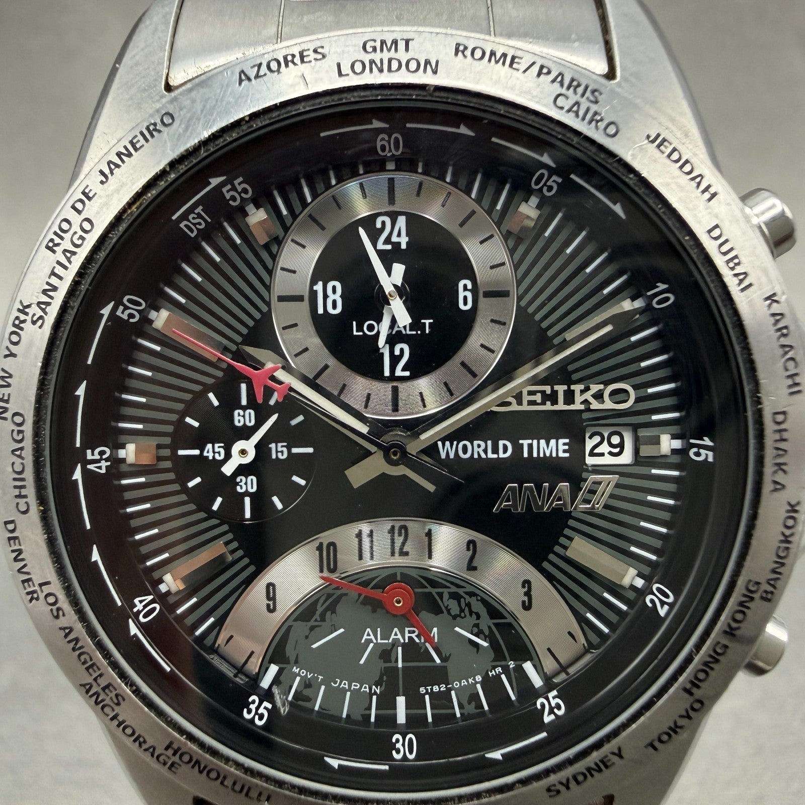 Seiko World Time ANA Watch Men 38mm Black Dial Silver Tone Date Alarm NewBattery1