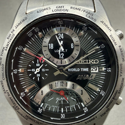 Seiko World Time ANA Watch Men 38mm Black Dial Silver Tone Date Alarm NewBattery1