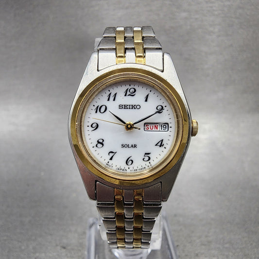 Seiko Solar Watch Women 26mm White Dial Two Tone Daydate Round V1380AA0 Runs0