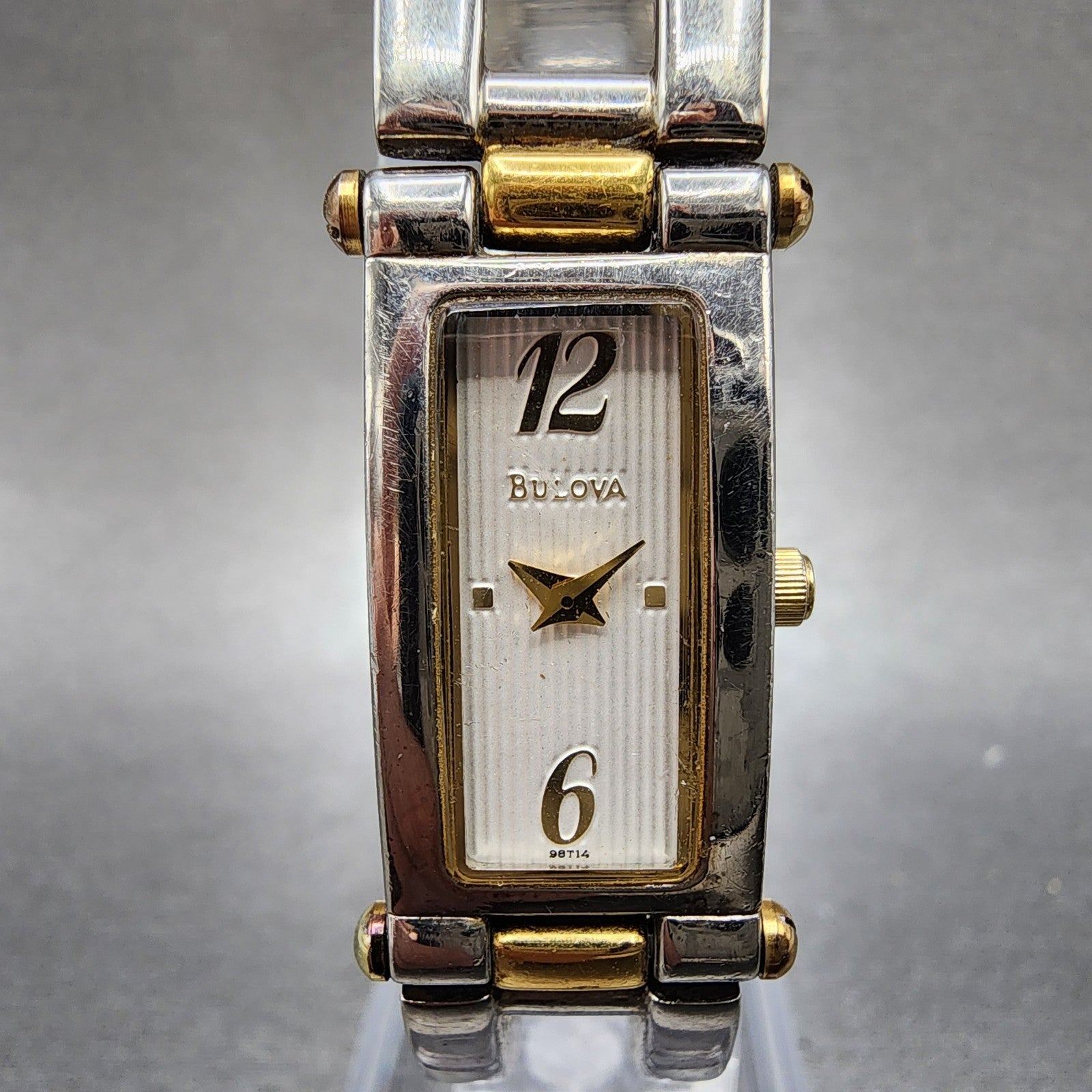Bulova Tank Watch Women 14mm White Dial Two Tone Rectangle 98t14 New Battery0