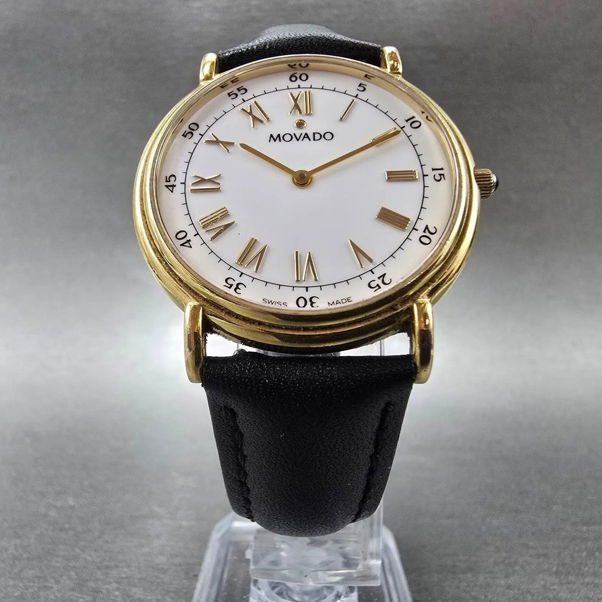Movado Watch Men 34mm White Dial Gold Tone Round 87-E4-0885 New Battery VTG NJU5