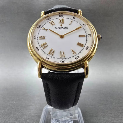 Movado Watch Men 34mm White Dial Gold Tone Round 87-E4-0885 New Battery VTG NJU5