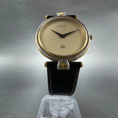 Gucci 4500m Watch Men 32mm Black Dial Gold Plated Round Leather Band New Batt AB5