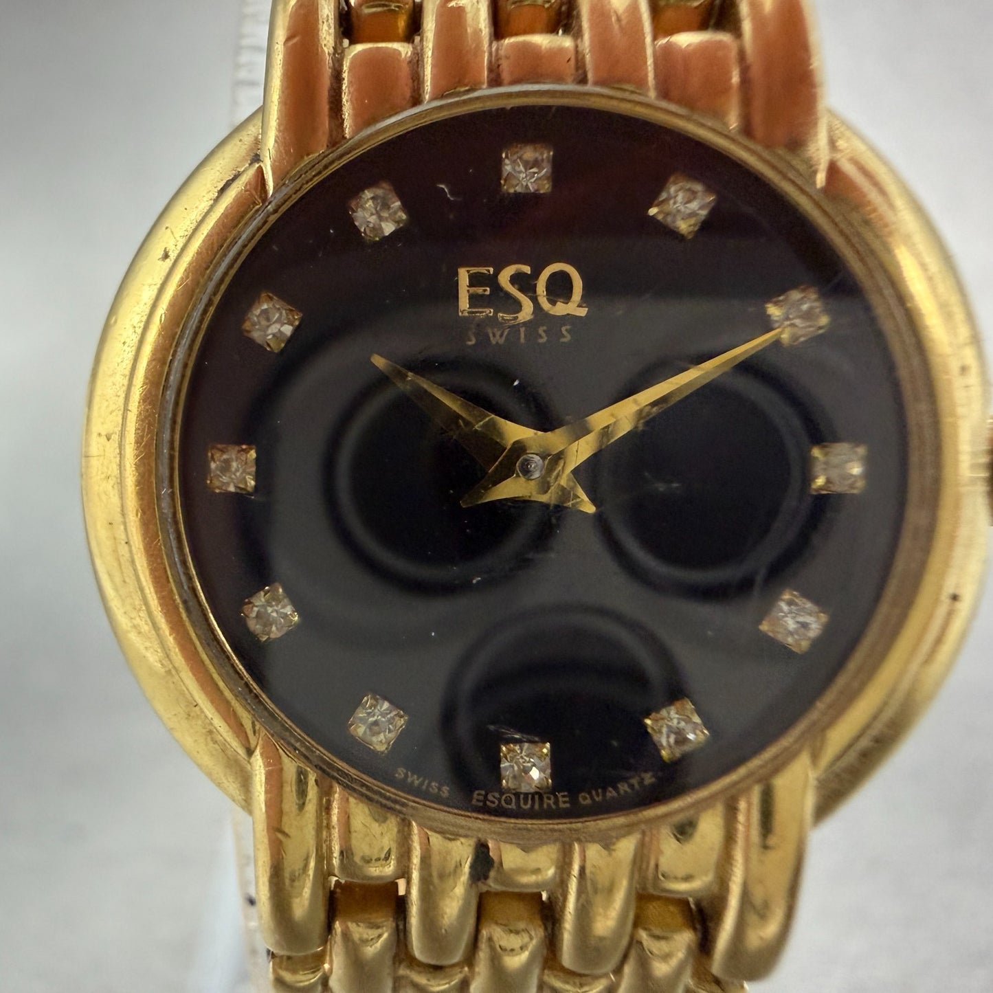 ESQ Watch Women 25mm Black Dial Gold Tone Round Gem Markers 100203B New Battery1