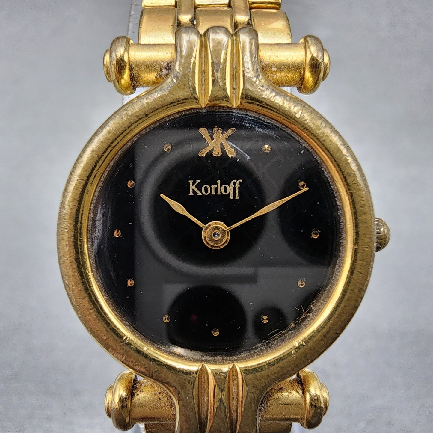 Korloff Watch Women 23mm Black Dial Gold Tone Round New Battery Vintage1