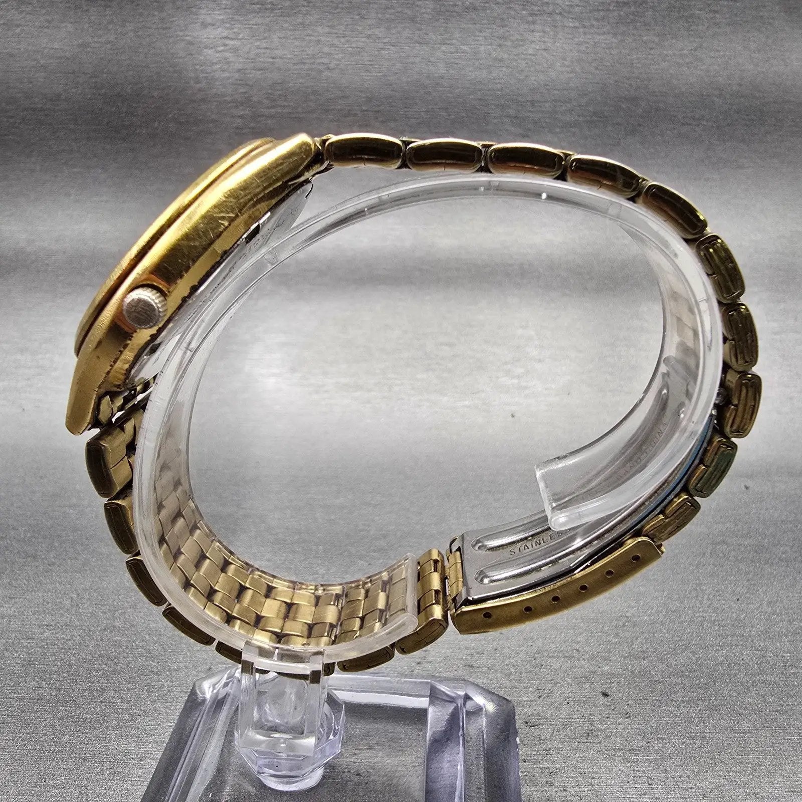 Seiko Watch Men 36mm Gold Dial Gold Tone Daydate Round 7N43-9048 New Battery VTG6