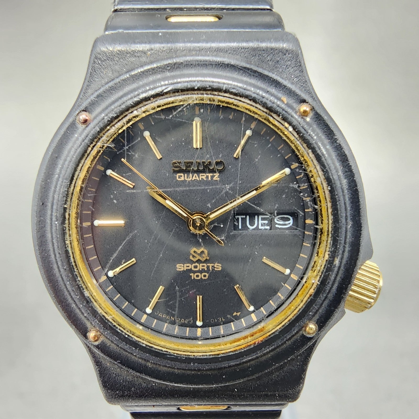 Seiko SQ Sports 100 Watch Women 26mm Black Dial Black Tone Daydate New Battery1