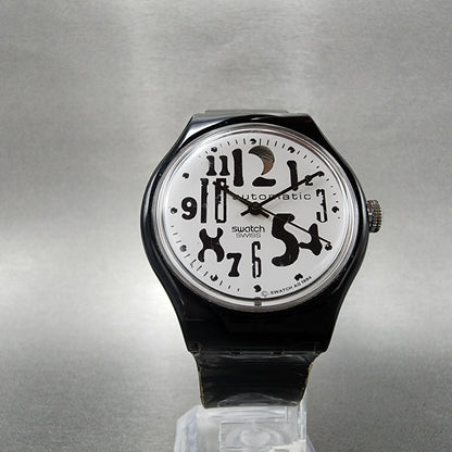 Swatch Blackboard Automatic Watch Men 34mm White Dial Black SAB103 Round Runs5