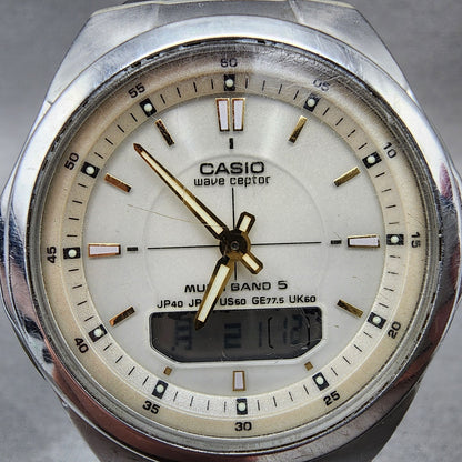 Casio Wave Ceptor Solar Watch Men 41mm White Dial Analog Digital Steel Runs1