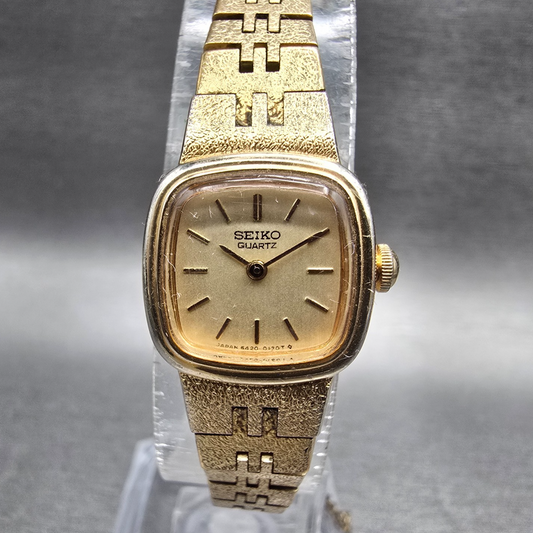 Seiko Watch Women 17mm Champagne Dial Gold Tone Rectangle 5420-5079 New Batt VTG0
