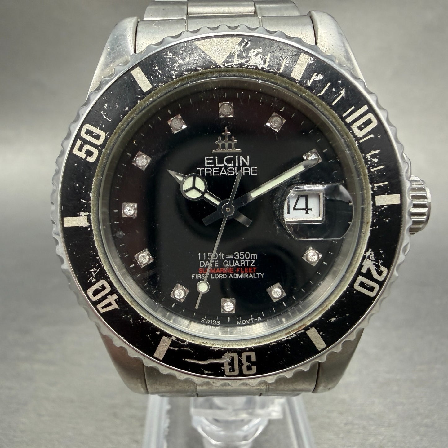 Elgin Treasure Dive Watch Men 39mm Black Dial Silver Date Round New Batt FK-2720
