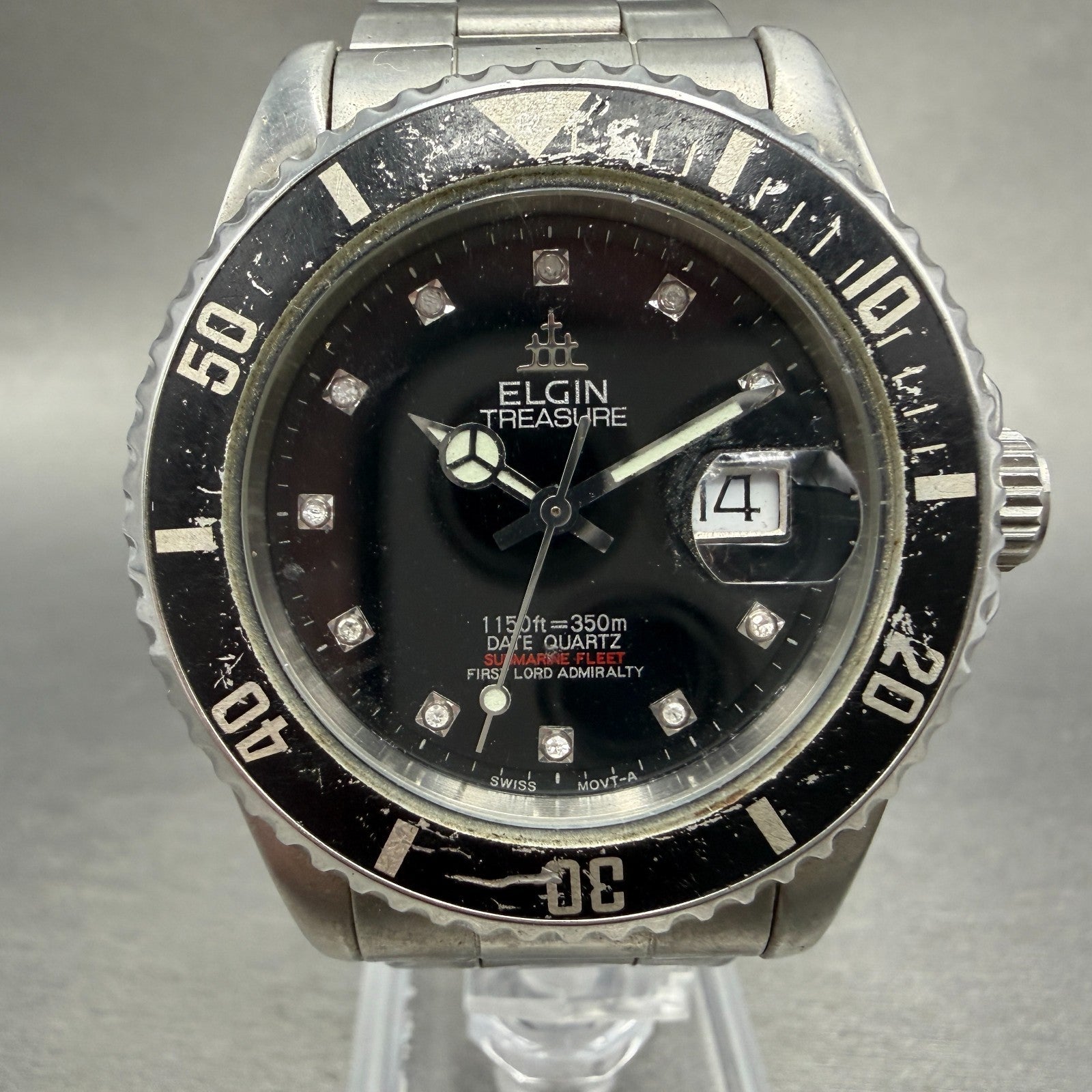 Elgin Treasure Dive Watch Men 39mm Black Dial Silver Date Round New Batt FK-2720