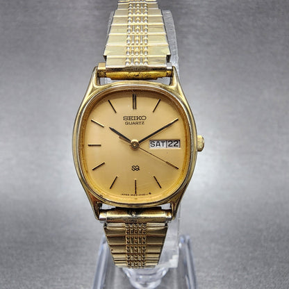 VTG Seiko SQ Watch Women 22mm Gold Dial Gold Tone Daydate Oval 34235040 NewBatt0