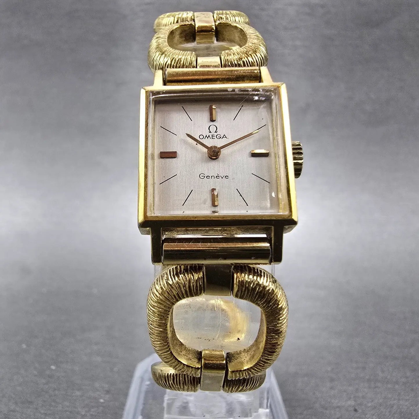 Omega Geneve Tank Watch Women 17mm Silver Dial Gold Plated Manual Wind Runs VTG5