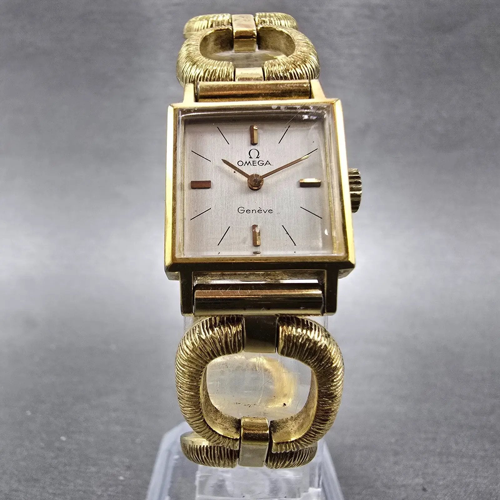 Omega Geneve Tank Watch Women 17mm Silver Dial Gold Plated Manual Wind Runs VTG5