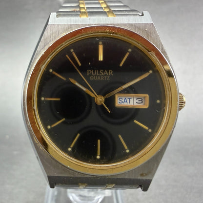 Pulsar Watch Men 37mm Black Dial Two Tone Daydate V733-X004 Round New Battery1