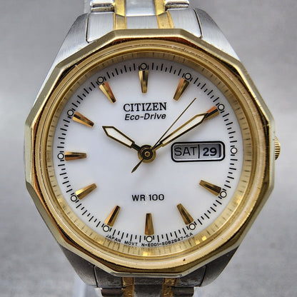 Citizen EcoDrive Watch Women 27mm White Dial Two Tone Daydate Round Runs1