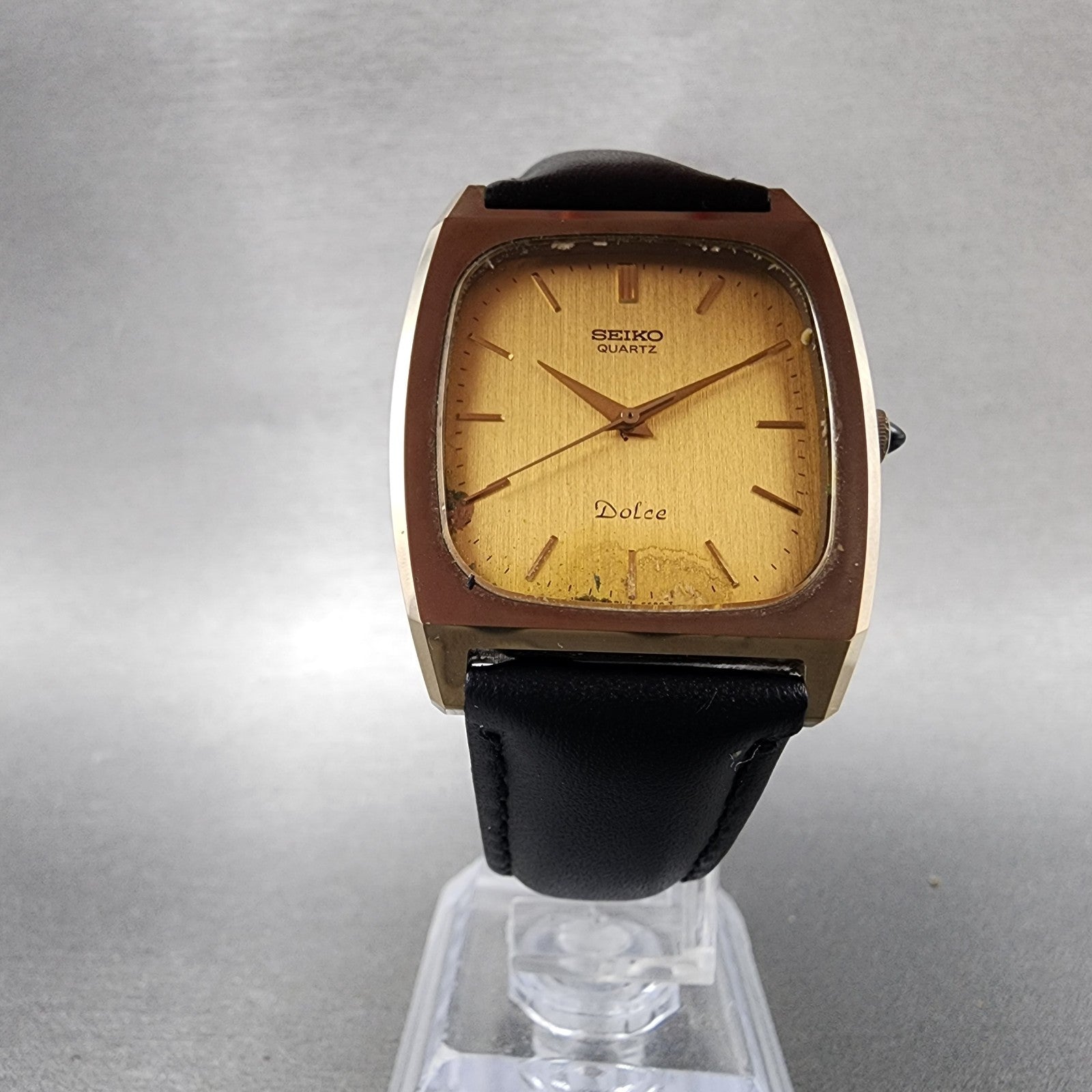Seiko Dolce Tank Watch Men 30mm Gold Dial Gold Tone Rectangle 59315341 New Batt5