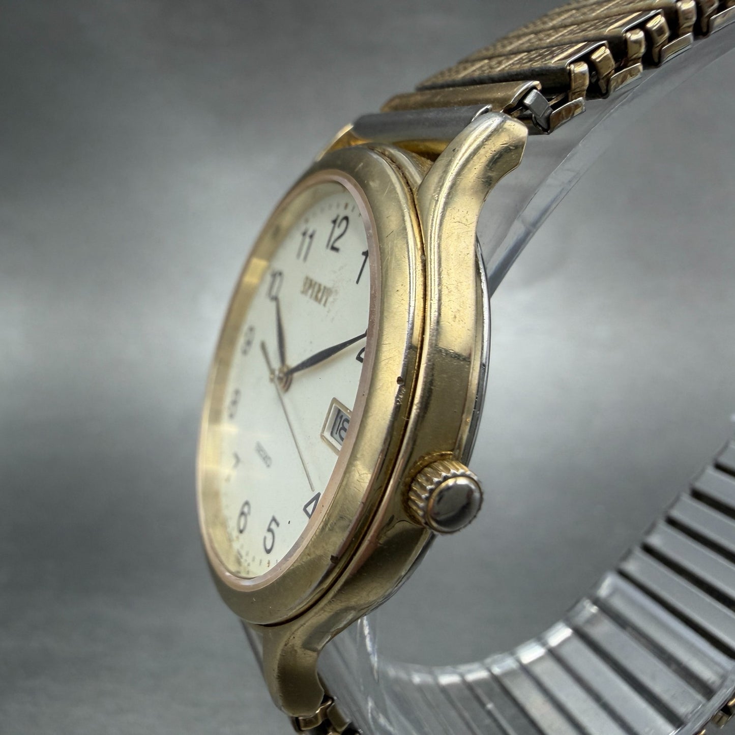Seiko Spirit Watch Men 33mm White Dial Gold Tone Date Round 5E32-6A3A New Batt 42