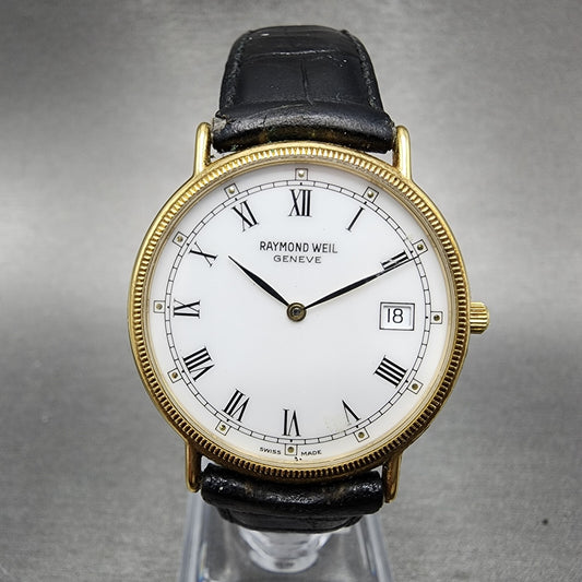 Raymond Weil Watch Men 32mm White Dial Gold Plated Date Round 5514 New Batt0