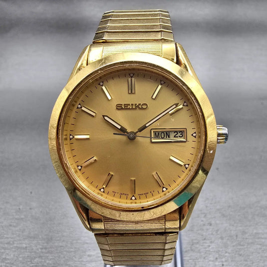 Seiko Watch Men 37mm Gold Dial Gold Tone Daydate Round 7N43-9070 New Battery VTG0