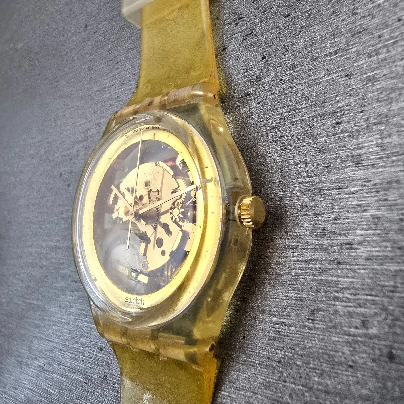 Swatch Golden Jelly Watch Men 34mm Skeleton Dial Clear Case READ! GZ115 New Batt3
