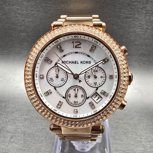 Michael Kors Parker Watch Women 39mm MOP Dial Rose Gold Chrono MK5491 New Batt F0