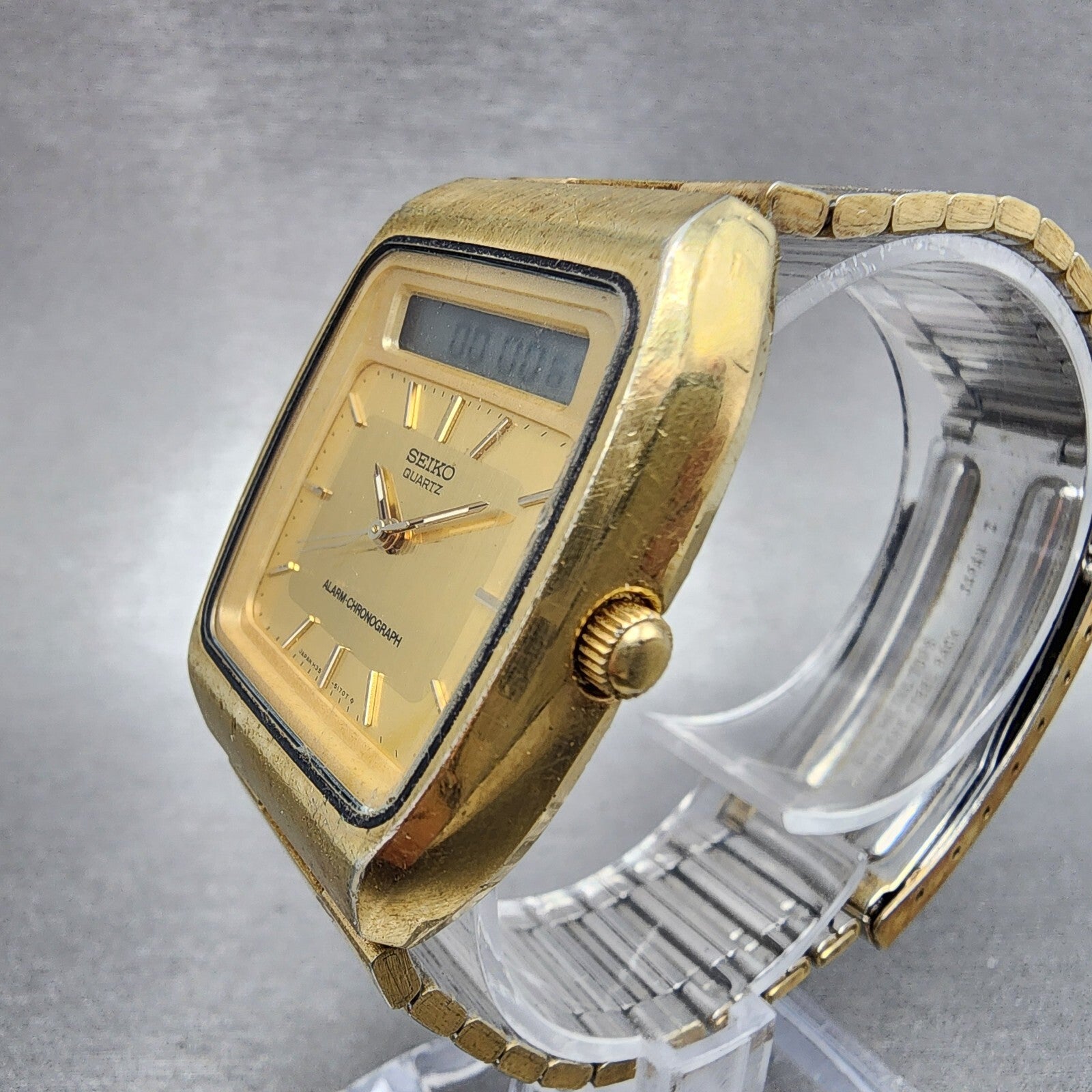 Seiko Analog Digital Watch Men 32mm Gold Dial Gold Tone H3575109 New Battery2
