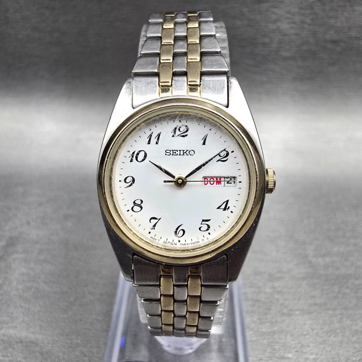 Seiko Watch Women 24mm White Dial Two Tone Daydate Round 7N83-0011 New Battery 00