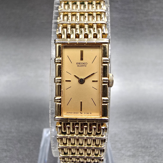 Seiko Watch Women 13mm Gold Dial Gold Tone Rectangle 2E20-5079 New Battery0