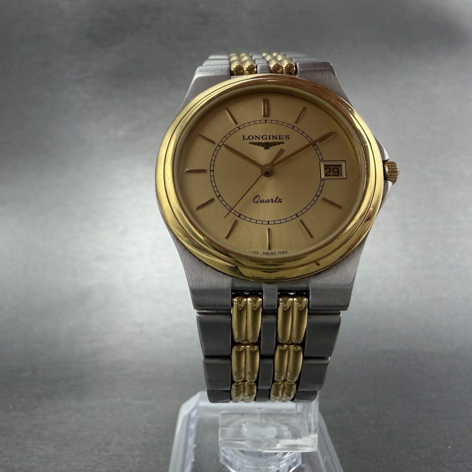 Longines Master Piece Watch Men 32 Gold Dial Two Tone Date Round 7283 New batt5