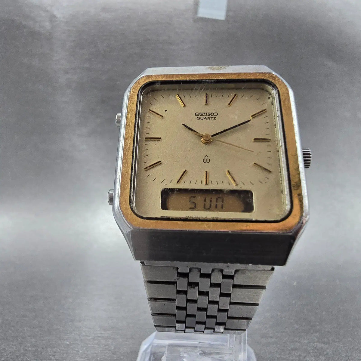 Seiko Analog Digital Watch Men 31mm Champagne Dial Two Tone H449-5050 New Batt5