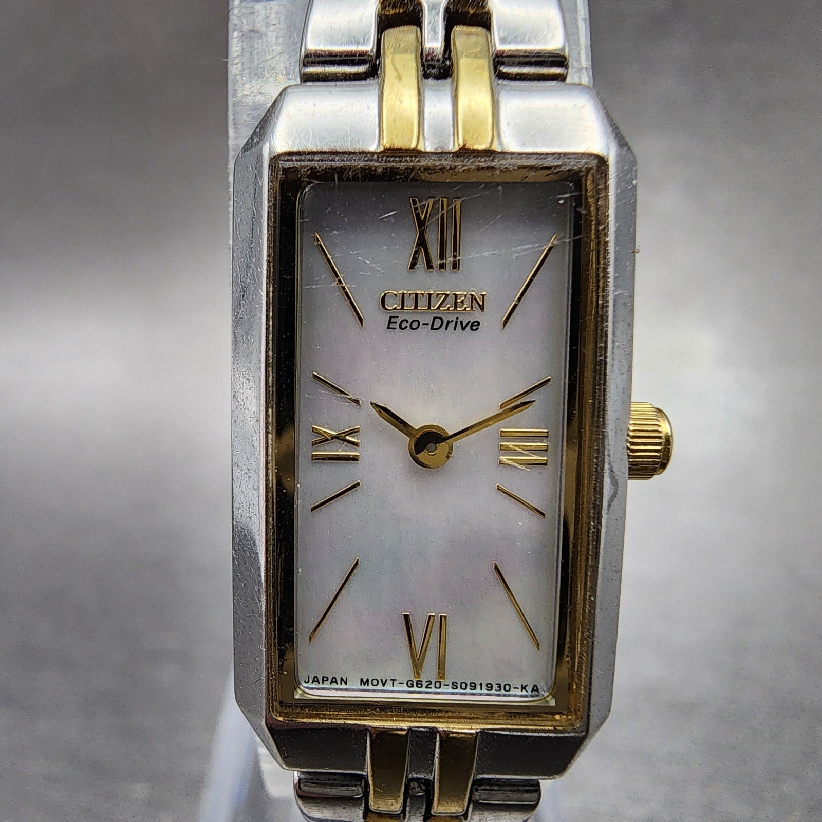Citizen EcoDrive Tank Watch Women 15mm MOP Dial Two Tone Rectangle Runs1