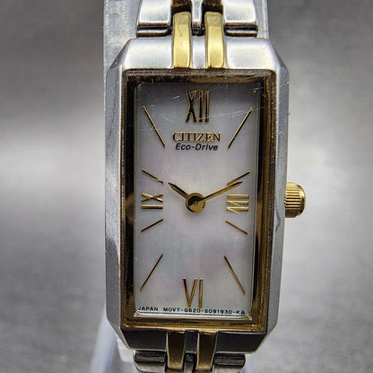 Citizen EcoDrive Tank Watch Women 15mm MOP Dial Two Tone Rectangle Runs1