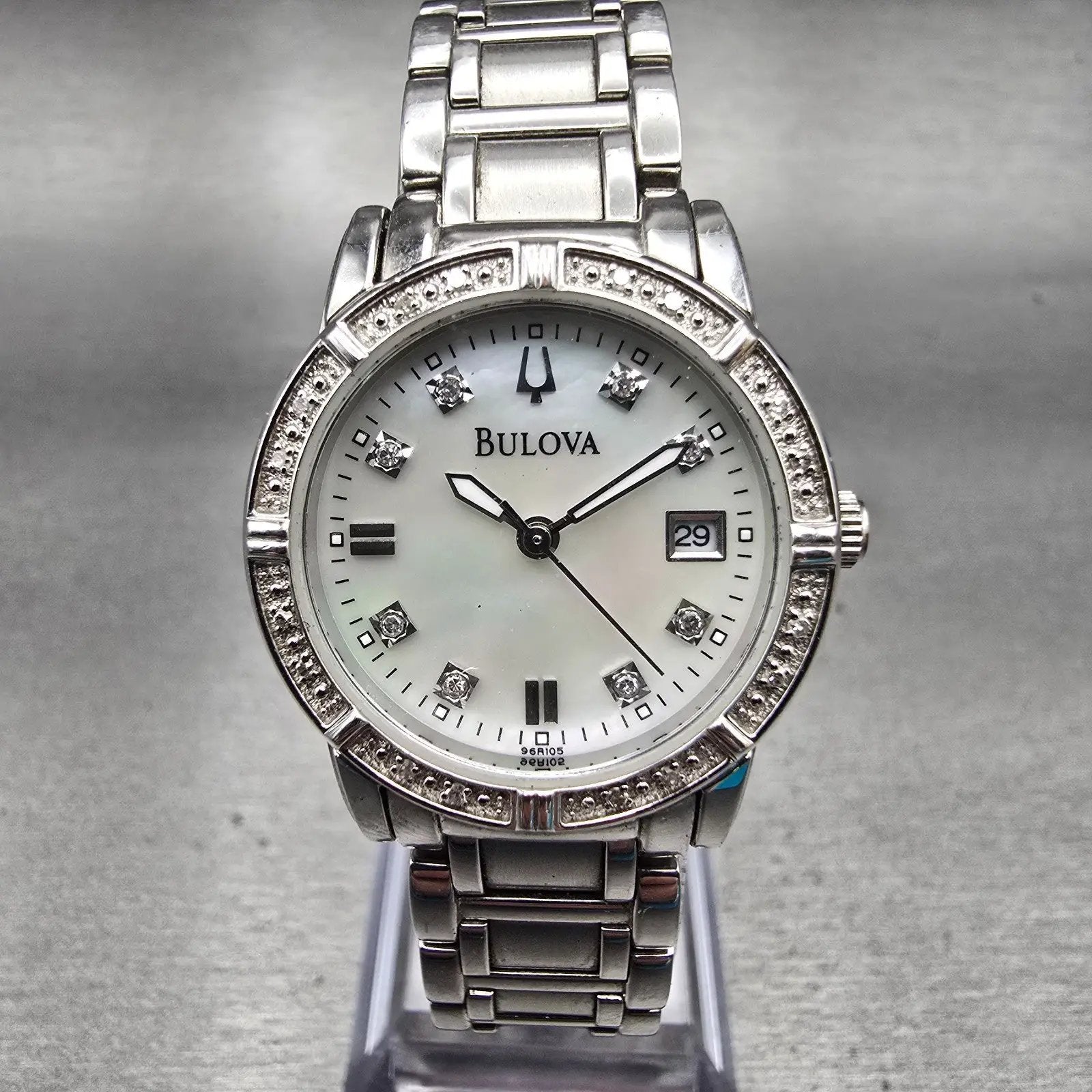Bulova Watch Women 26mm MOP Dial Silver Tone Gemmed Date Round 96R105 New Batt0
