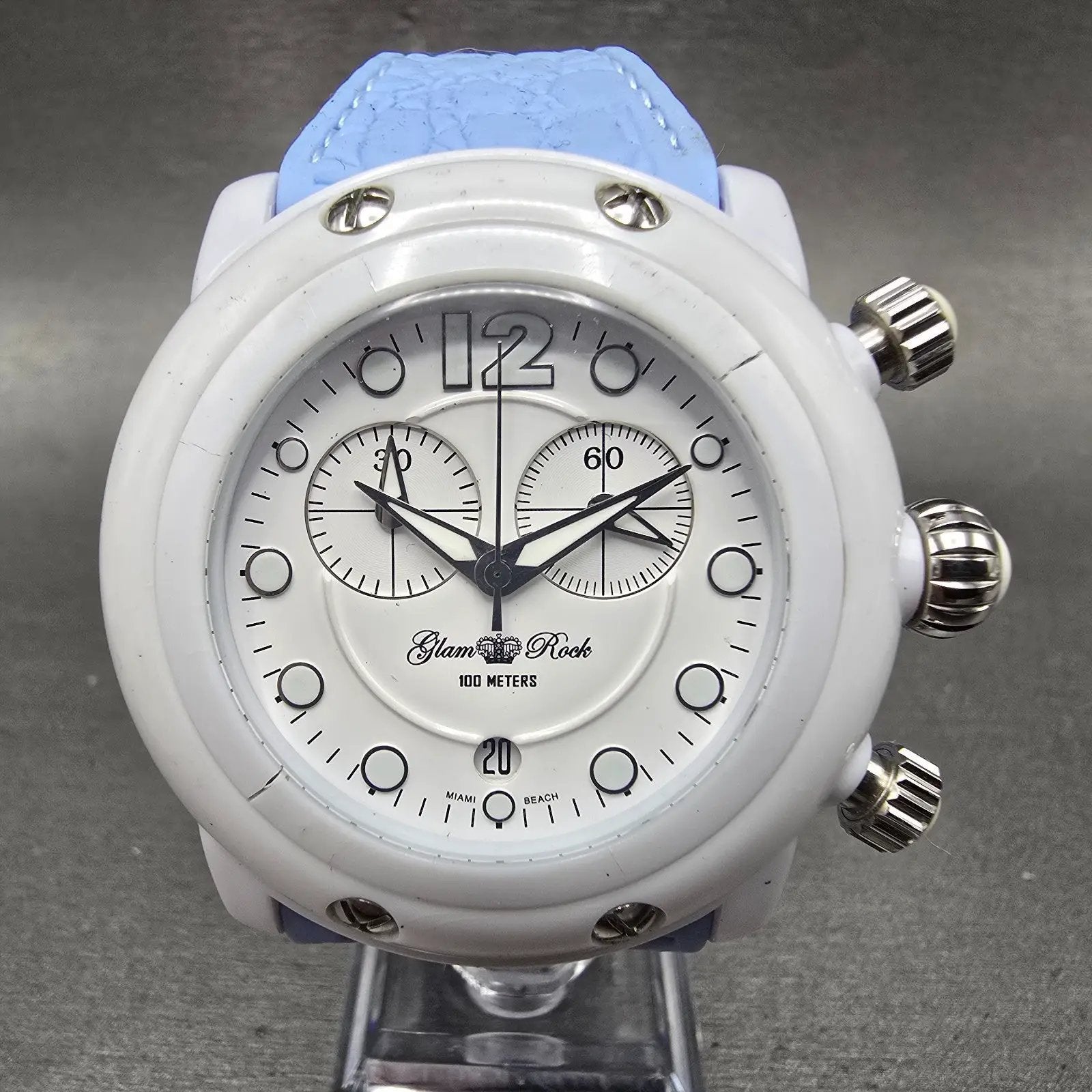 Glam Rock Miami Beach Chronograph Watch Women 46mm White Dial White Date NewBatt0