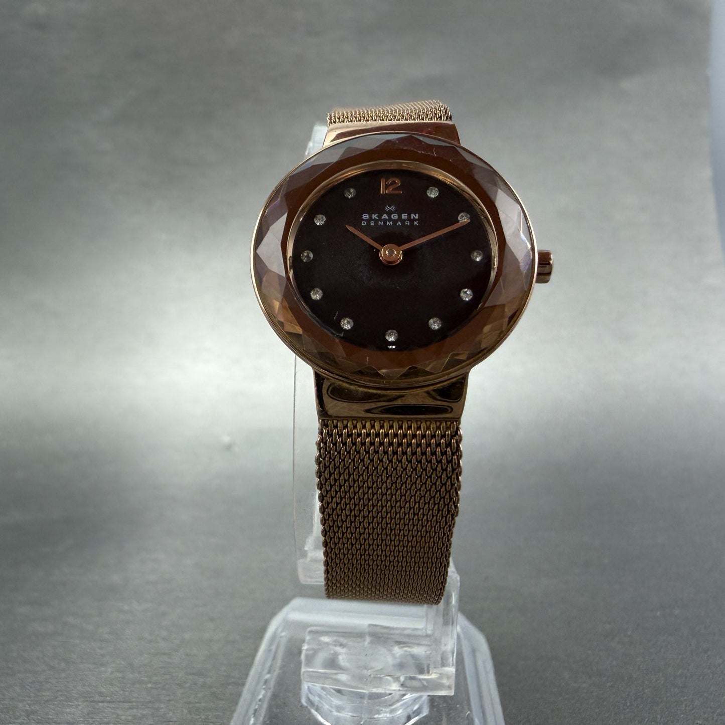 Skagen Watch Women 25mm Brown MOP Dial Rose Gold Tone Round New Batt Mesh Band5