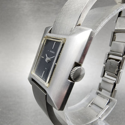 VTG Seiko Watch Women 24mm Black Dial Steel Rectangle Manual Wind Runs 1134702