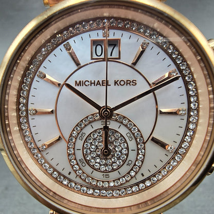 Michael kors Sawyer Watch Women 39mm MOP Dial Rose Gold Tone Date Chrono NewBatt1