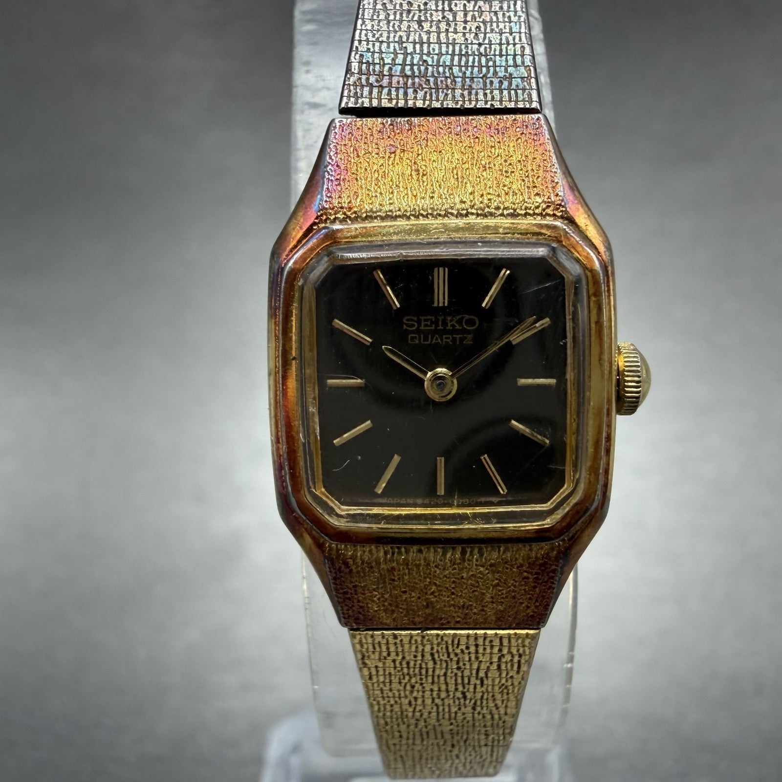 Seiko Tank Watch Women 17mm Brown Dial Gold Tone Rectangle 5420-5019 New Batt O51