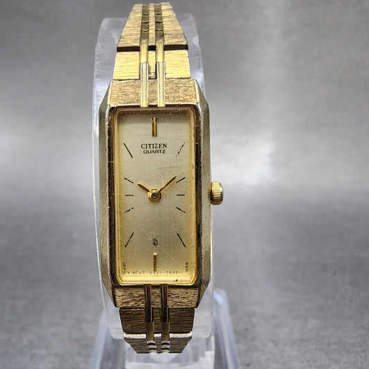 Citizen CQ Tank Watch Women 13mm Champagne Dial Gold Tone 6421S18523 NewBattery0