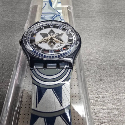 Swatch Decoscraper Watch Men 34mm Silver Dial Black Case GP109 New Battery NOS7