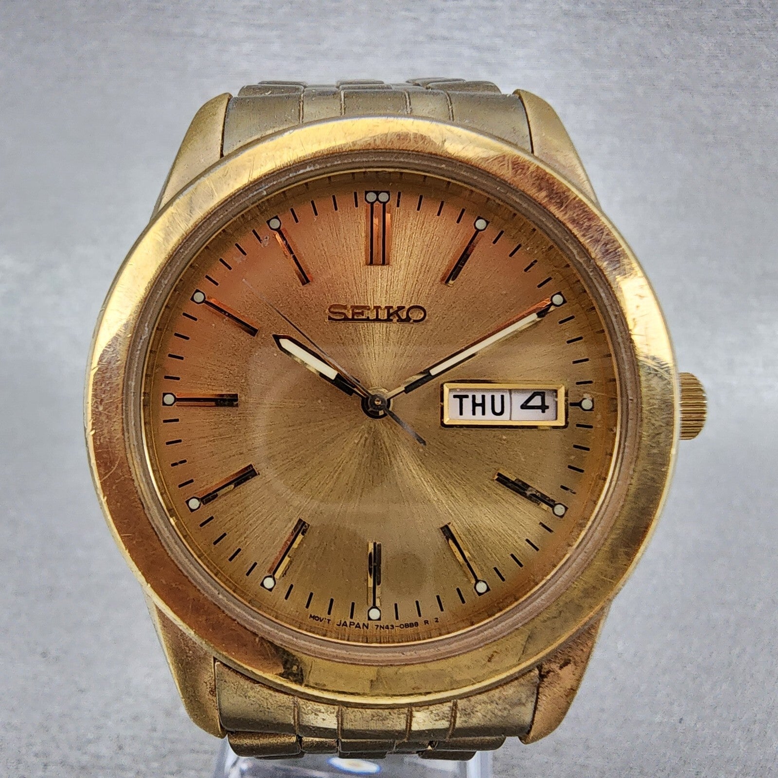 Seiko Watch Men 37mm Gold Dial Gold Tone Daydate Round 7n430am0 New Battery1