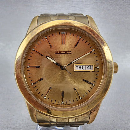 Seiko Watch Men 37mm Gold Dial Gold Tone Daydate Round 7n430am0 New Battery1