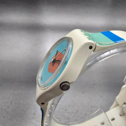 Swatch NAB LIGHT Watch Women Blue Dial White Case Round LW118 New Battery VTG2