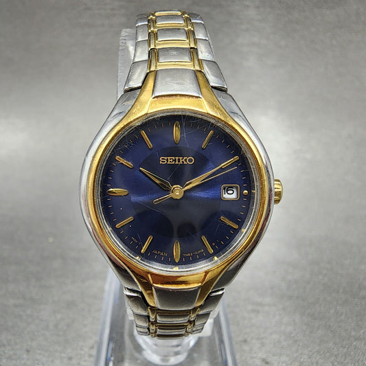 Seiko Watch Women 25mm Blue Dial Two Tone Date Round 7N820DR0 New Battery0